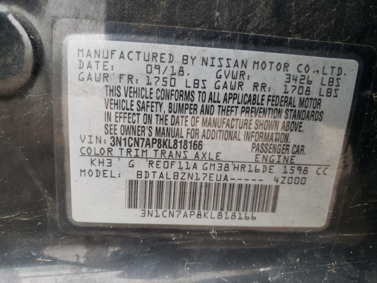 2019 Nissan Versa S VIN: 3N1CN7AP8KL818166 Lot: 56976145