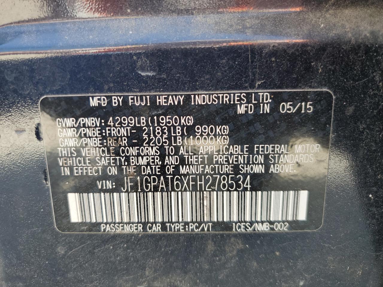 2015 Subaru Impreza Sport VIN: JF1GPAT6XFH278534 Lot: 56774265