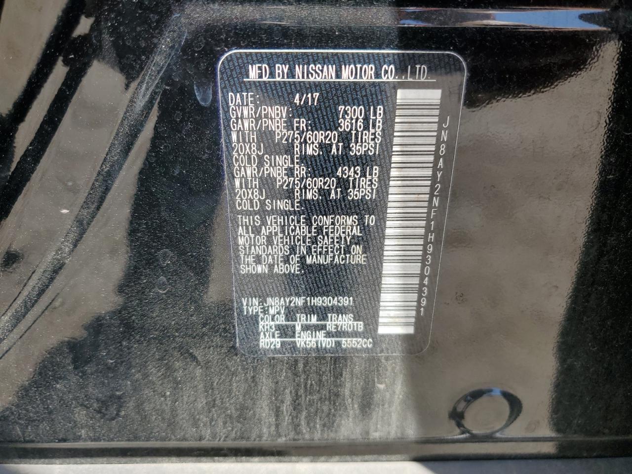 2017 Nissan Armada Platinum VIN: JN8AY2NF1H9304391 Lot: 57118845