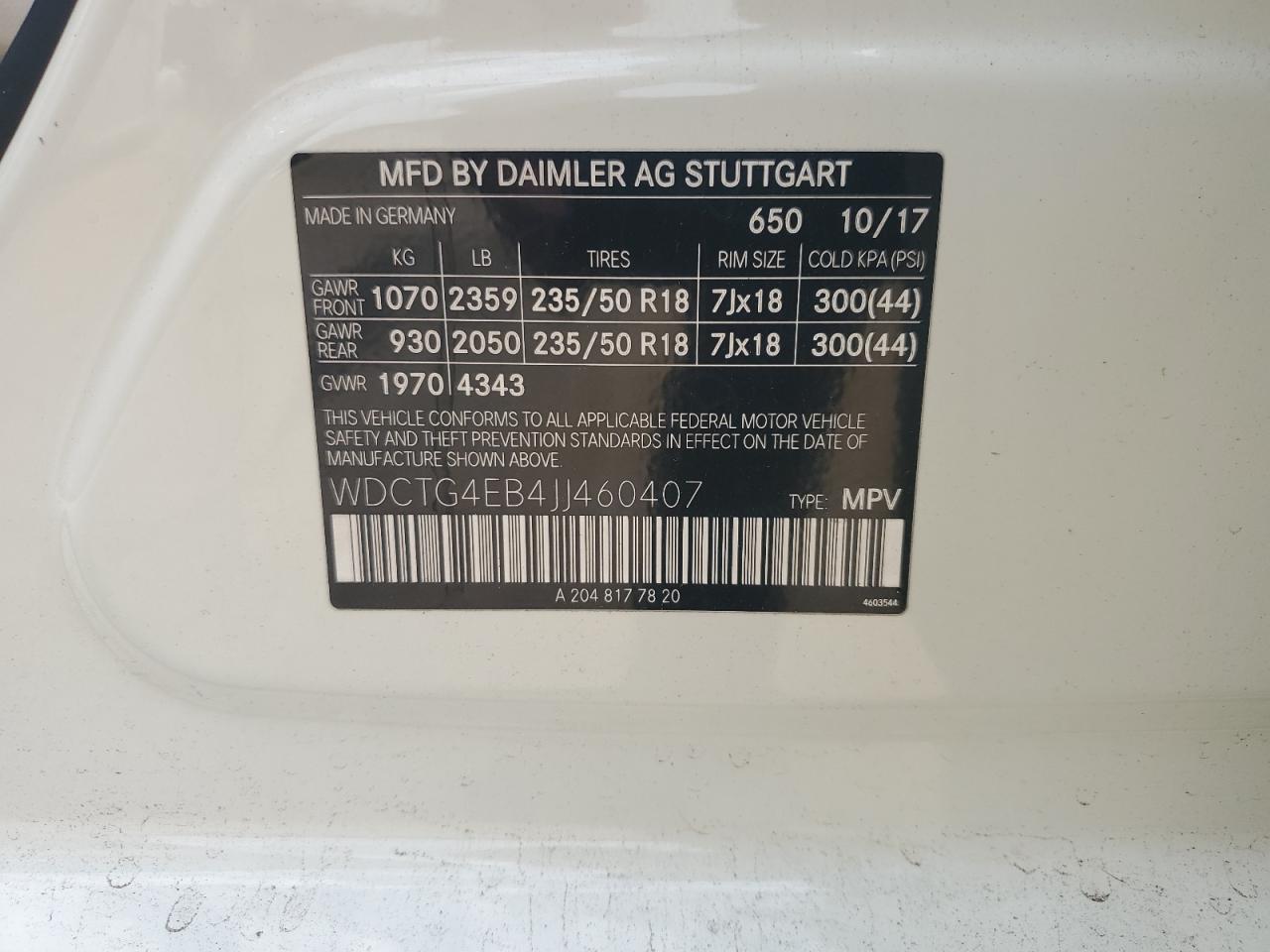 2018 Mercedes-Benz Gla 250 VIN: WDCTG4EB4JJ460407 Lot: 56919035