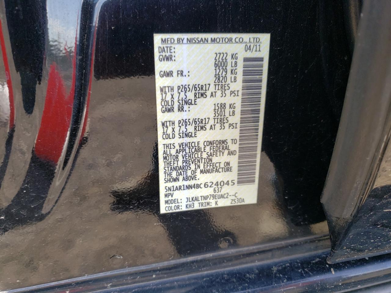 2011 Nissan Pathfinder S VIN: 5N1AR1NN4BC624045 Lot: 56396325