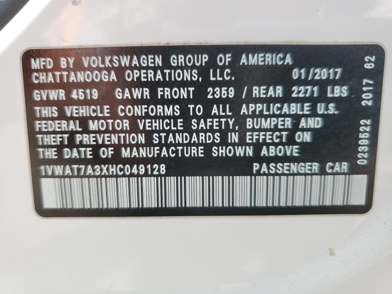 2017 Volkswagen Passat S VIN: 1VWAT7A3XHC049128 Lot: 56926485
