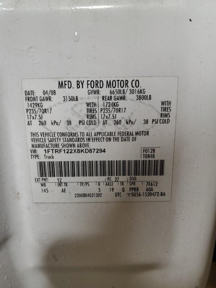 2008 Ford F150 VIN: 1FTRF122X8KD87294 Lot: 57033465