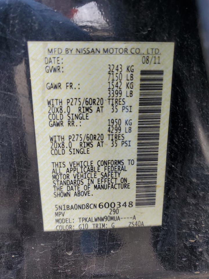 2012 Nissan Armada Sv VIN: 5N1BA0ND8CN600348 Lot: 56643685