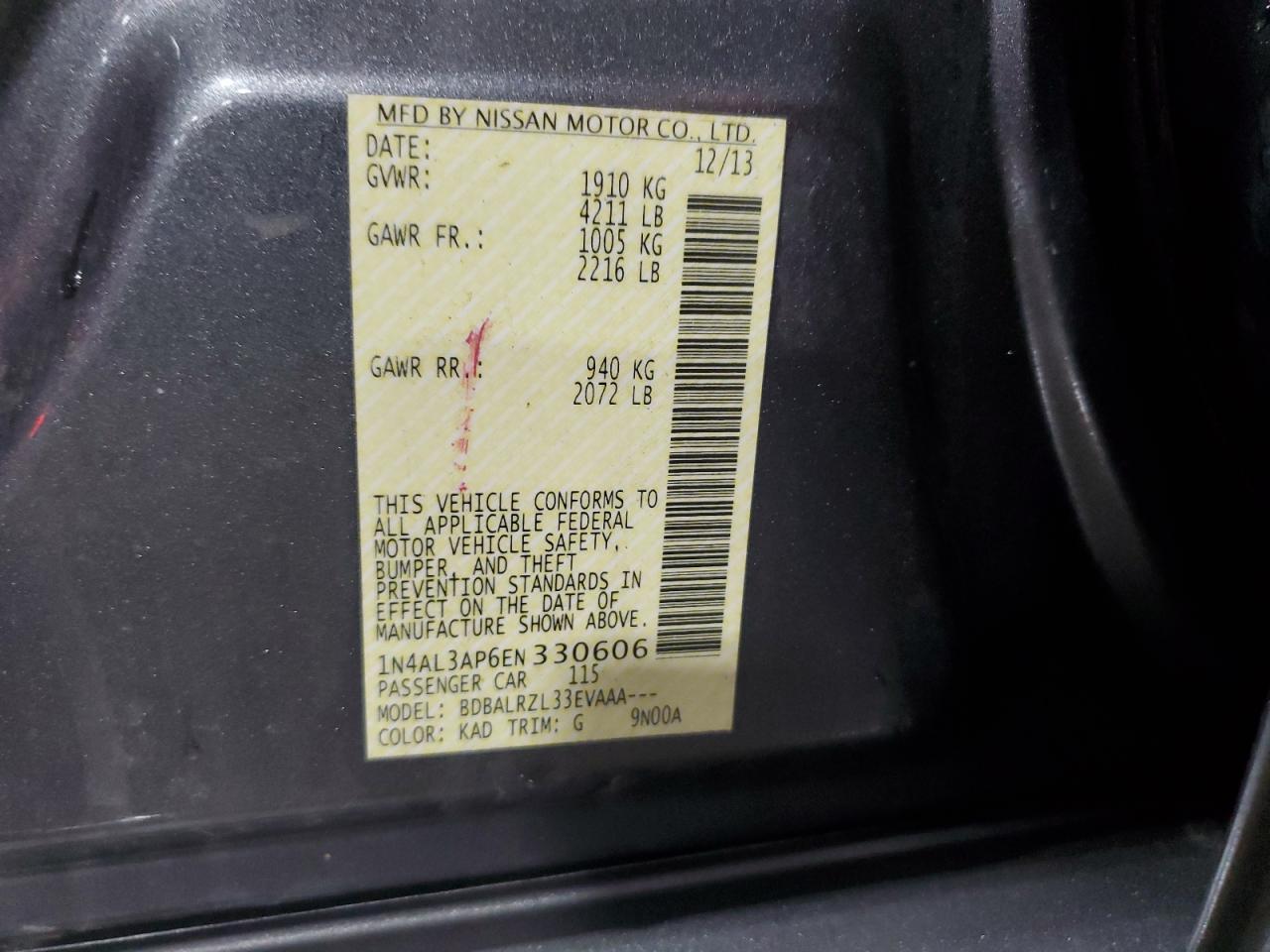 2014 Nissan Altima 2.5 VIN: 1N4AL3AP6EN330606 Lot: 56420395