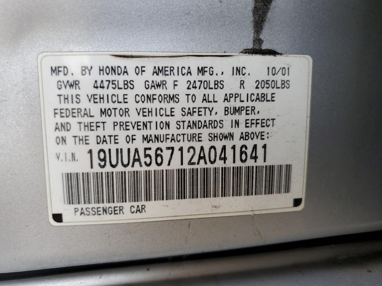 2002 Acura 3.2Tl VIN: 19UUA56712A041641 Lot: 55843335