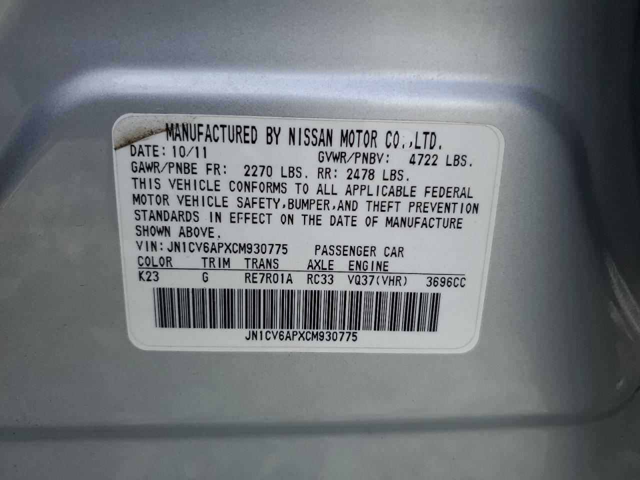 2012 Infiniti G37 Base VIN: JN1CV6APXCM930775 Lot: 56832425