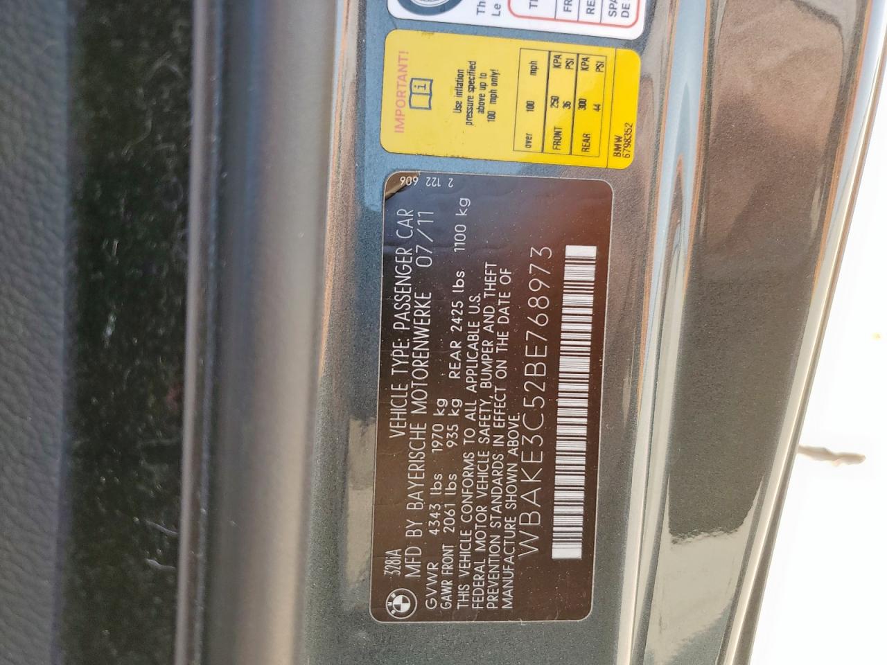 2011 BMW 328 I VIN: WBAKE3C52BE768973 Lot: 57604855
