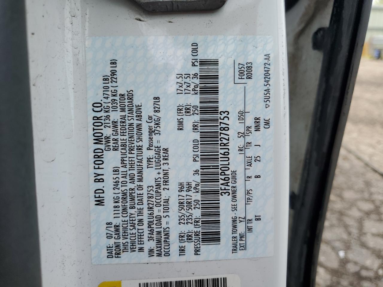 2018 Ford Fusion Se Hybrid VIN: 3FA6P0LU6JR278753 Lot: 54041985