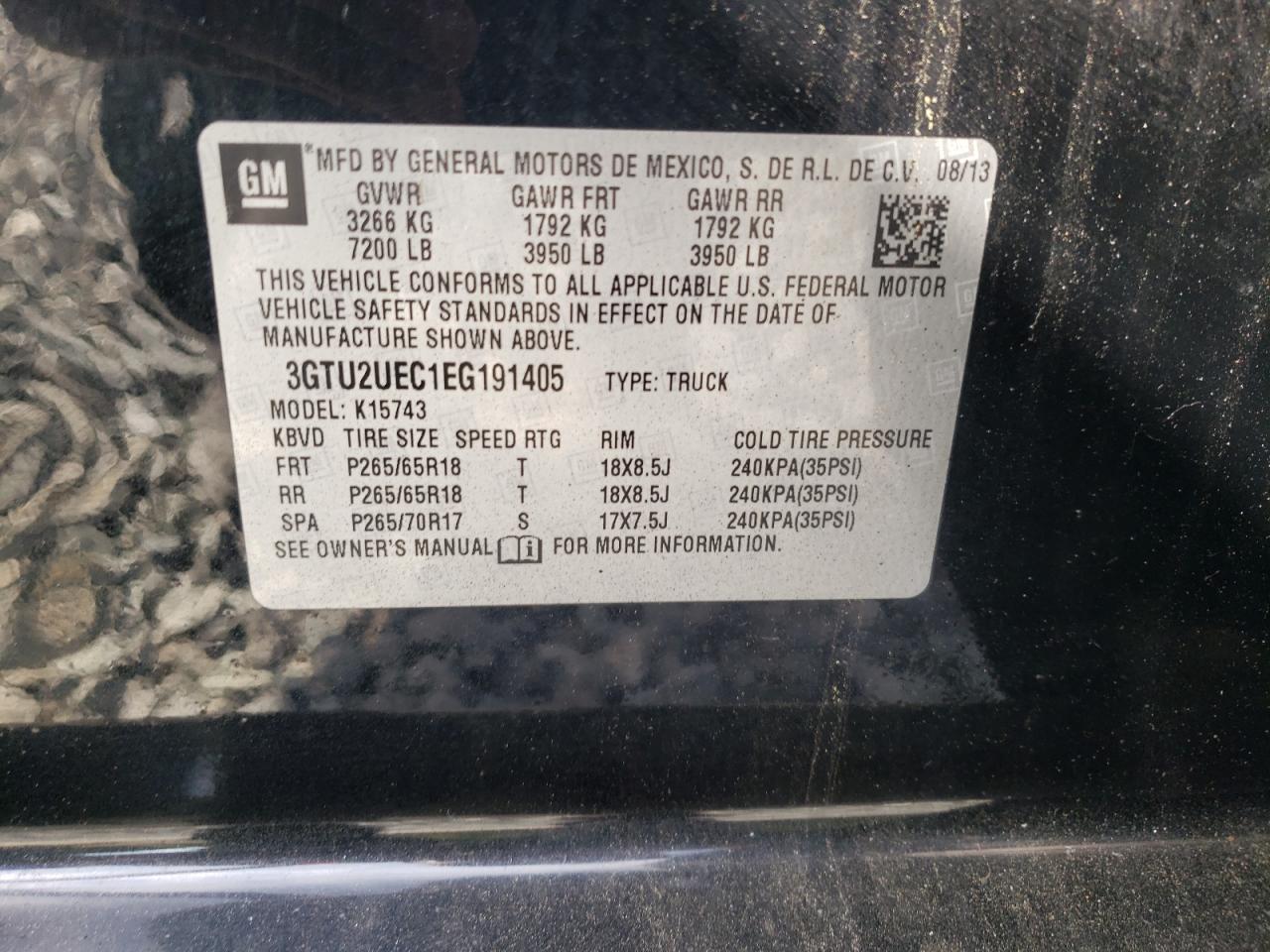 2014 GMC Sierra K1500 Sle VIN: 3GTU2UEC1EG191405 Lot: 55912225