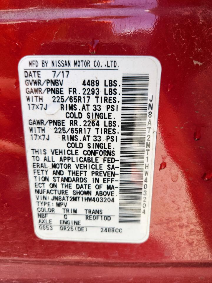 2017 Nissan Rogue S VIN: JN8AT2MT1HW403204 Lot: 58997575