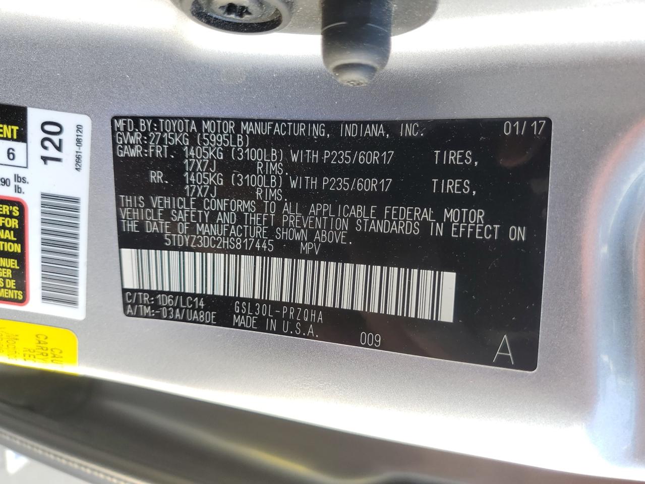 2017 Toyota Sienna Xle VIN: 5TDYZ3DC2HS817445 Lot: 56551795