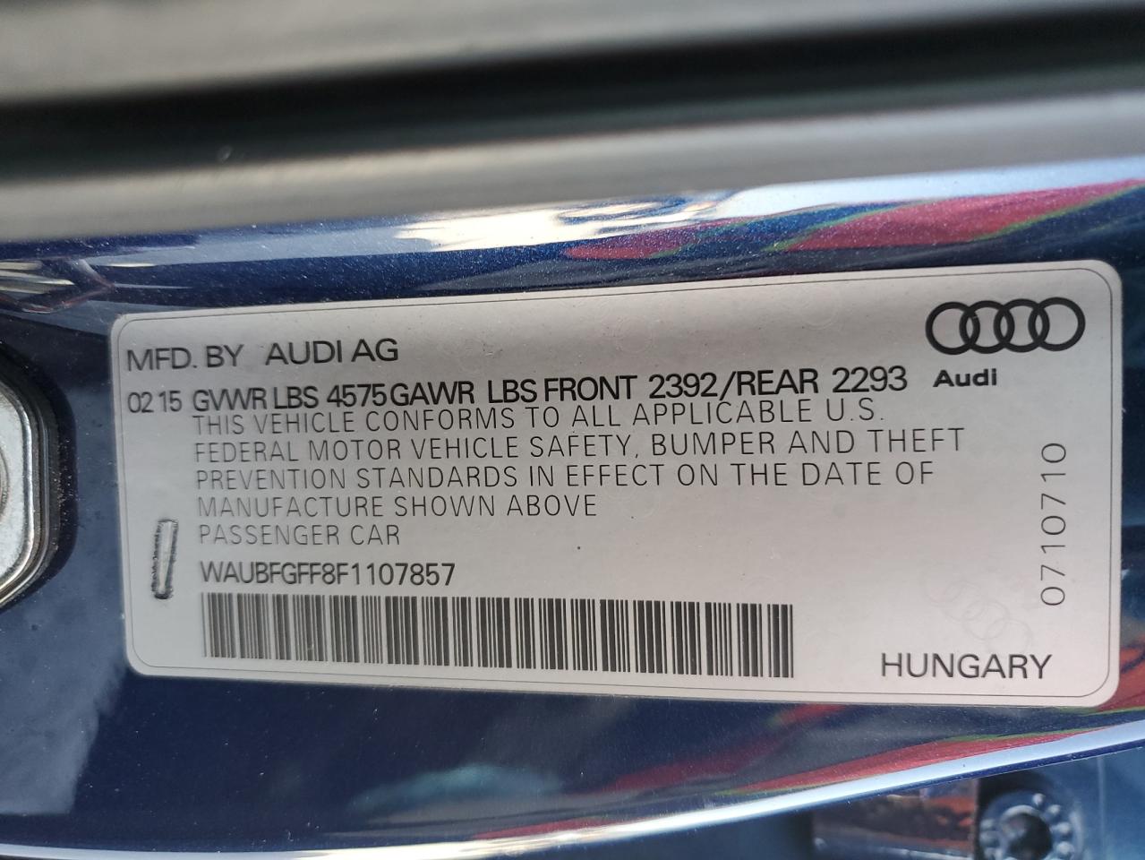 2015 Audi A3 Premium VIN: WAUBFGFF8F1107857 Lot: 57100305
