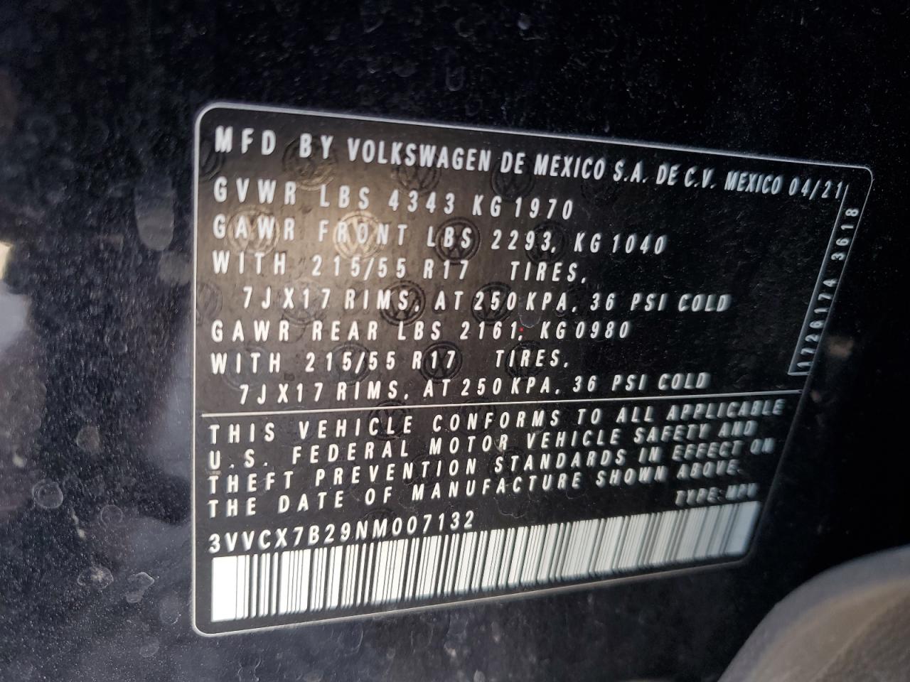 2022 Volkswagen Taos S VIN: 3VVCX7B29NM007132 Lot: 58948965