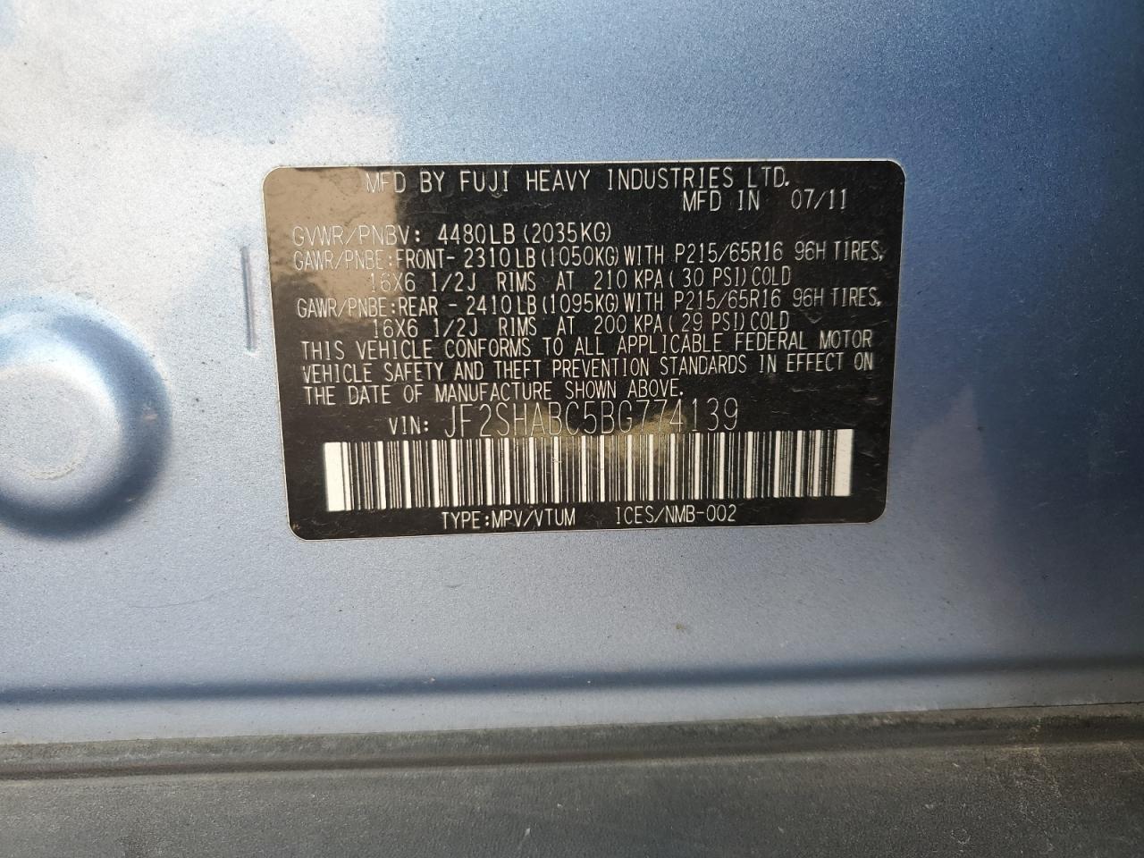 2011 Subaru Forester 2.5X VIN: JF2SHABC5BG774139 Lot: 56738525