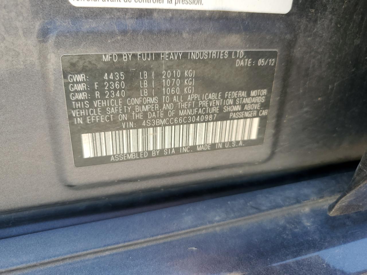 2012 Subaru Legacy 2.5I Premium VIN: 4S3BMCC66C3040987 Lot: 56665815
