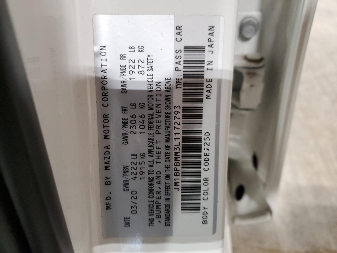 2020 Mazda 3 Preferred VIN: JM1BPBMM3L1172793 Lot: 56730105