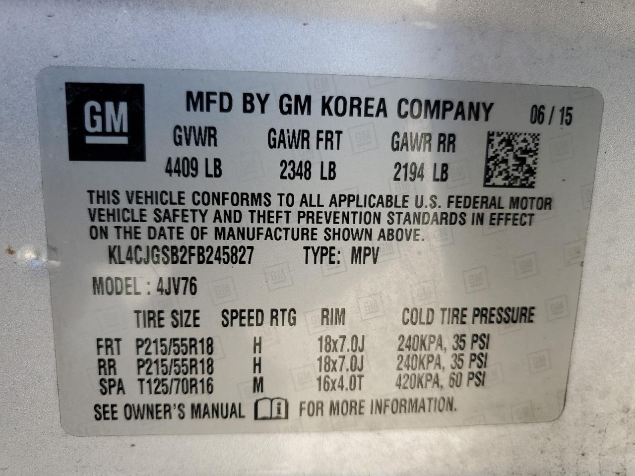 2015 Buick Encore VIN: KL4CJGSB2FB245827 Lot: 57526845