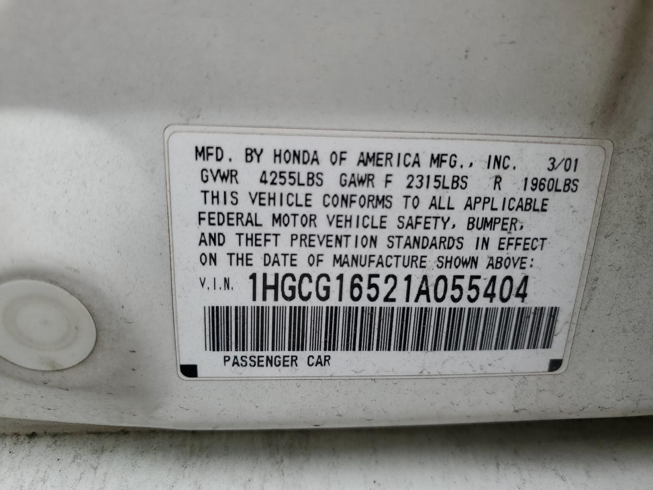 2001 Honda Accord Ex VIN: 1HGCG16521A055404 Lot: 56819575