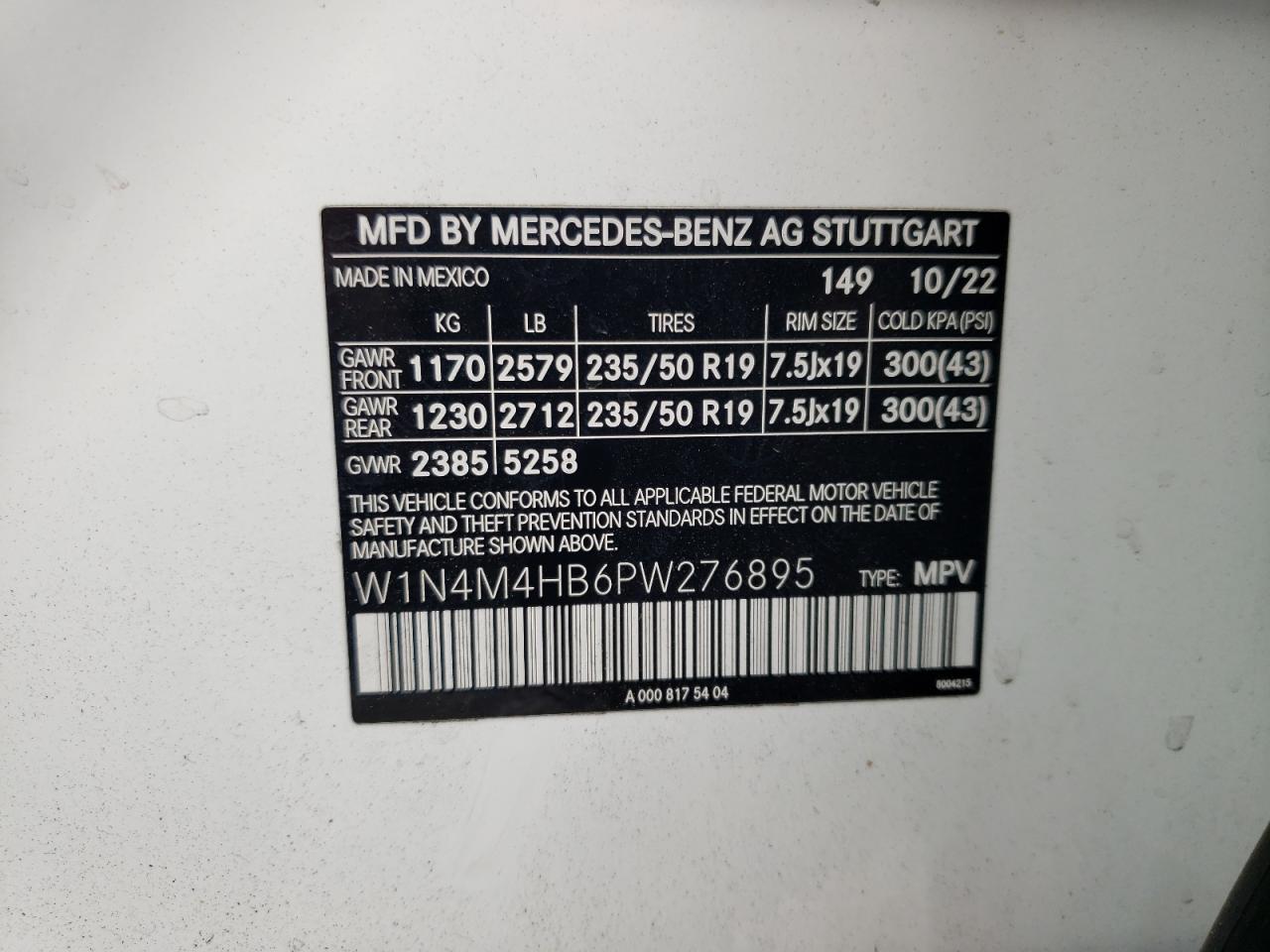 2023 Mercedes-Benz Glb 250 4Matic VIN: W1N4M4HB6PW276895 Lot: 55638855