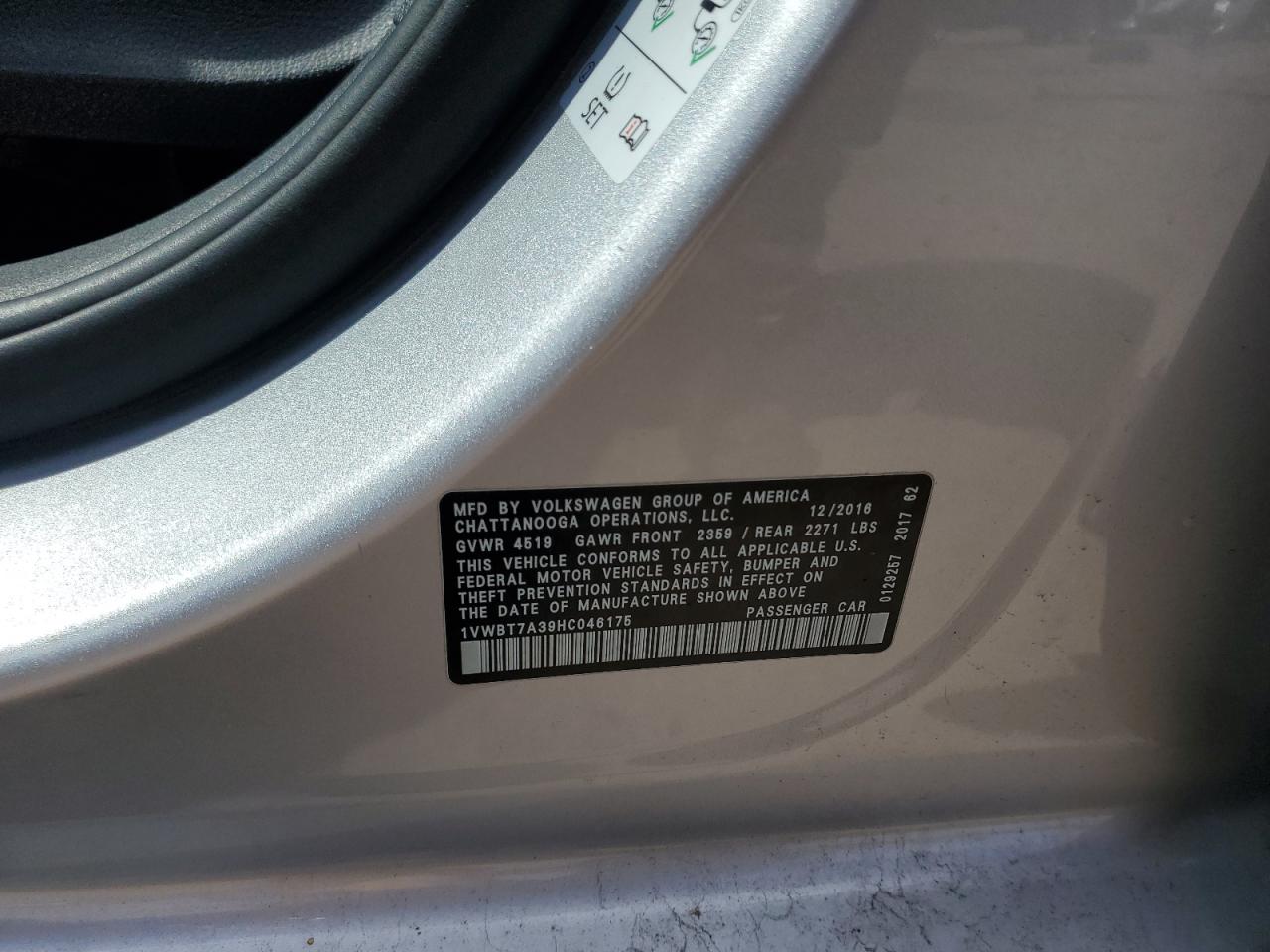 2017 Volkswagen Passat Se VIN: 1VWBT7A39HC046175 Lot: 58722725