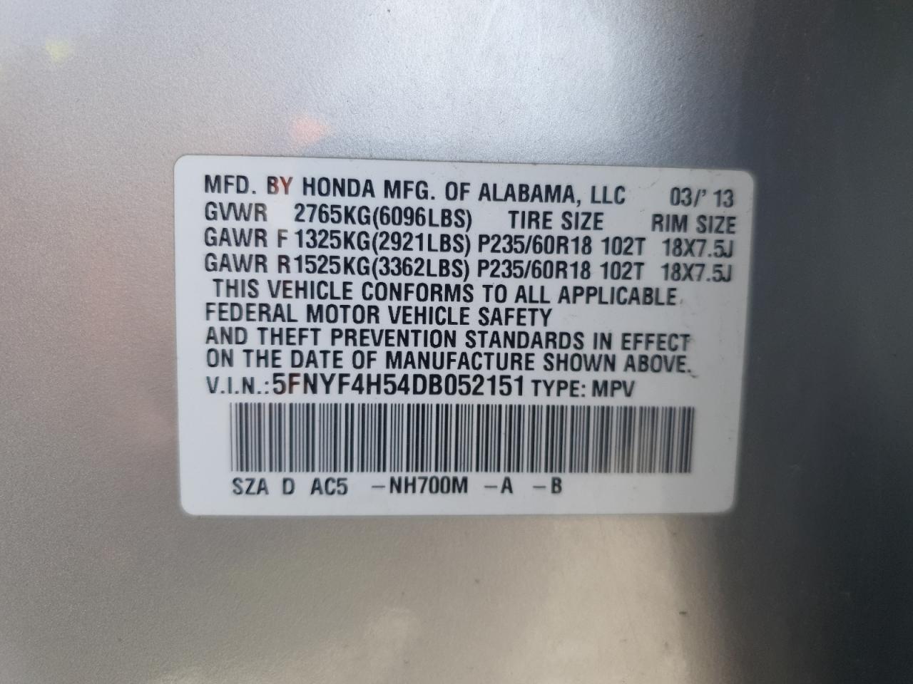 2013 Honda Pilot Exl VIN: 5FNYF4H54DB052151 Lot: 56034785