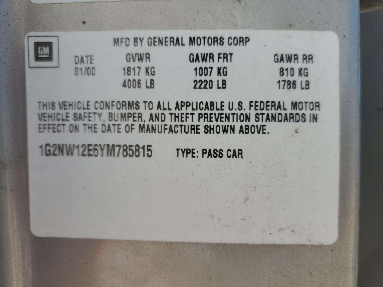 2000 Pontiac Grand Am Gt VIN: 1G2NW12E6YM785815 Lot: 56469395