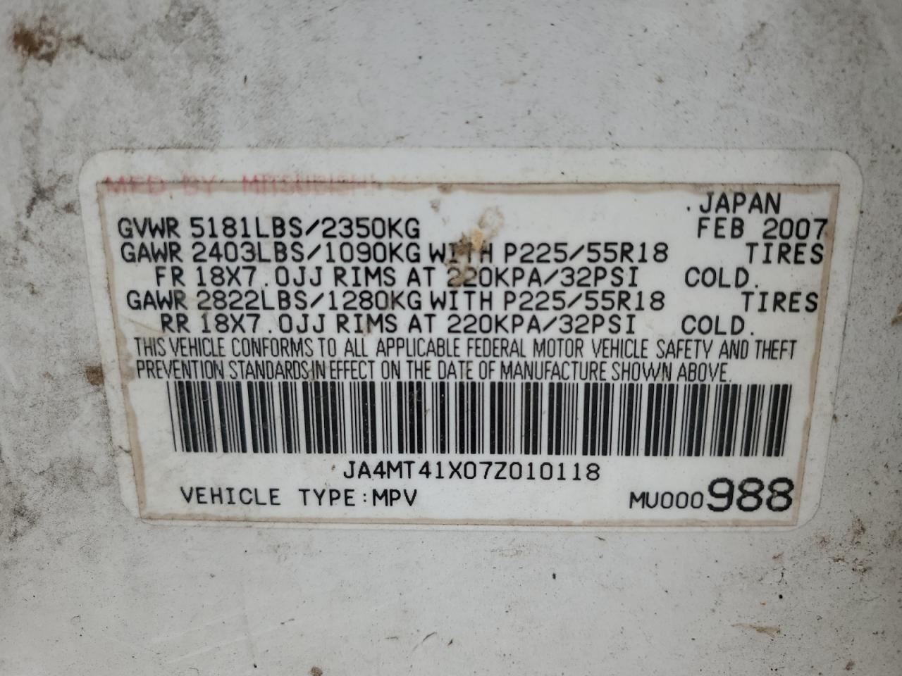 2007 Mitsubishi Outlander Xls VIN: JA4MT41X07Z010118 Lot: 56513865