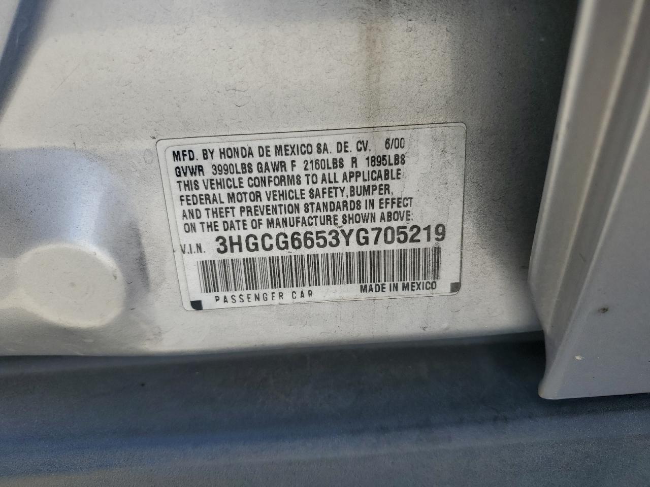 2000 Honda Accord Lx VIN: 3HGCG6653YG705219 Lot: 56623375