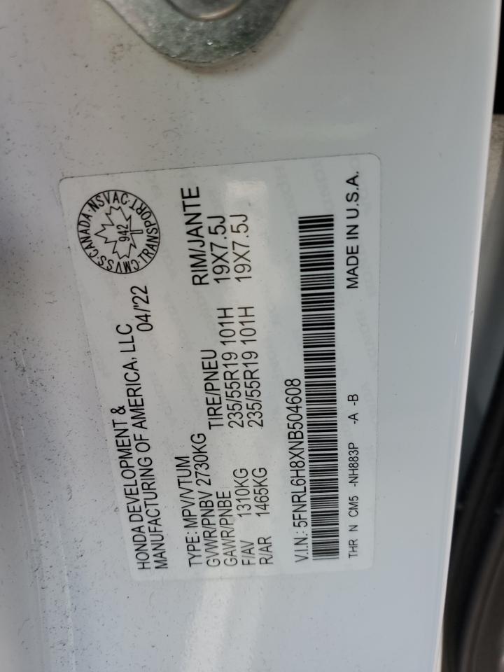 2022 Honda Odyssey Touring VIN: 5FNRL6H8XNB504608 Lot: 53189225