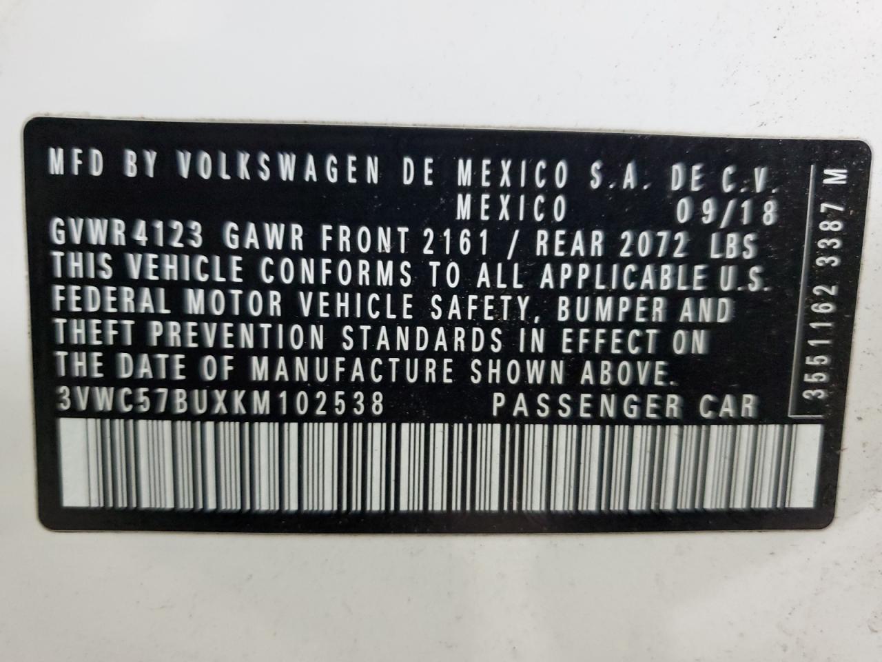2019 Volkswagen Jetta S VIN: 3VWC57BUXKM102538 Lot: 58947575