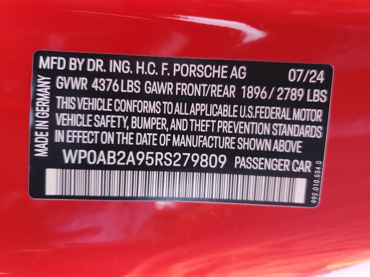 2024 Porsche 911 Carrera S VIN: WP0AB2A95RS279809 Lot: 55896385