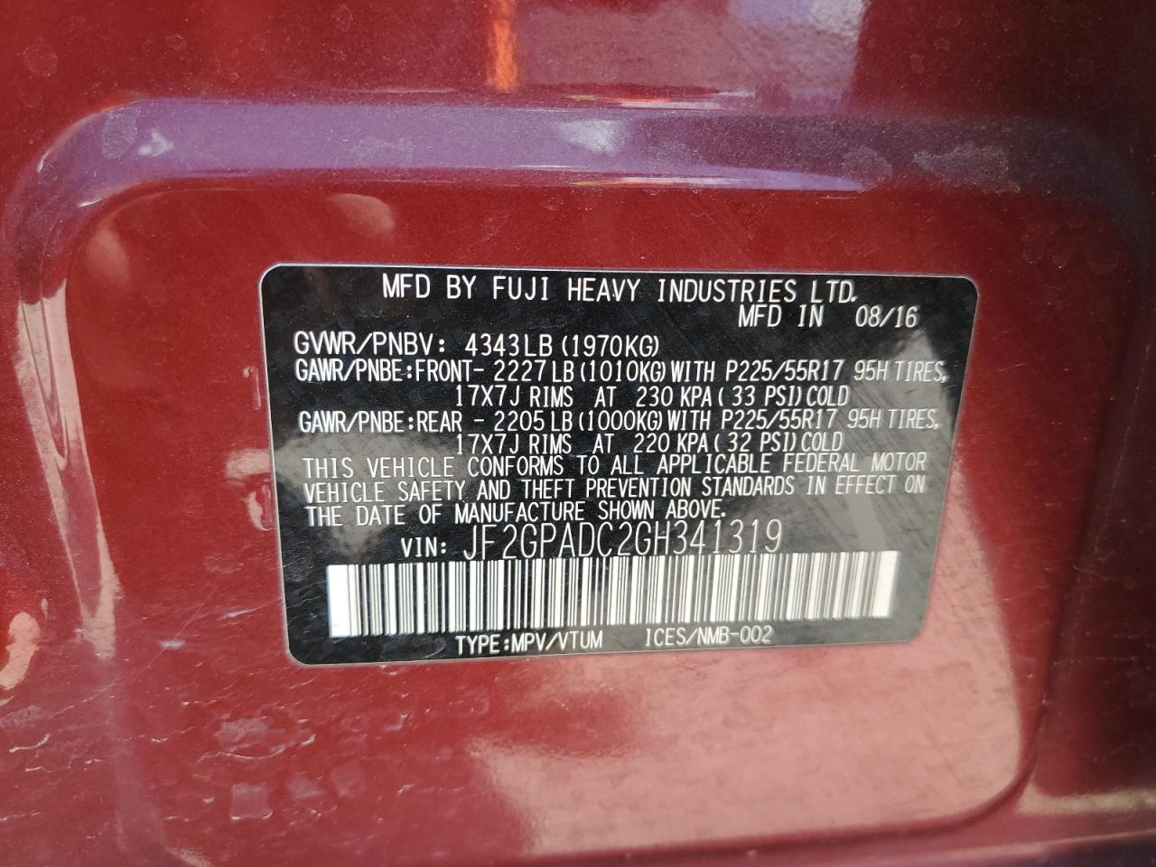 2016 Subaru Crosstrek Premium VIN: JF2GPADC2GH341319 Lot: 56909835