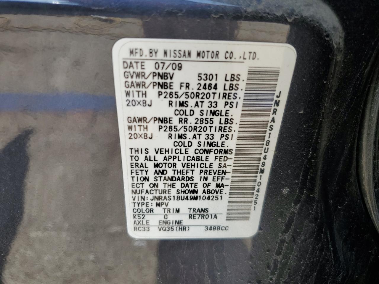 2009 Infiniti Fx35 VIN: JNRAS18U49M104251 Lot: 58309785