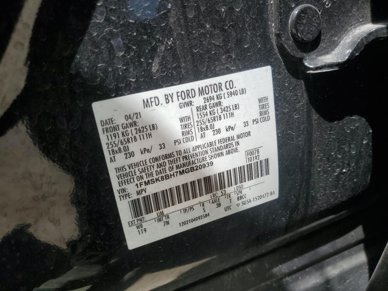 2021 Ford Explorer VIN: 1FMSK8BH7MGB20939 Lot: 56563445
