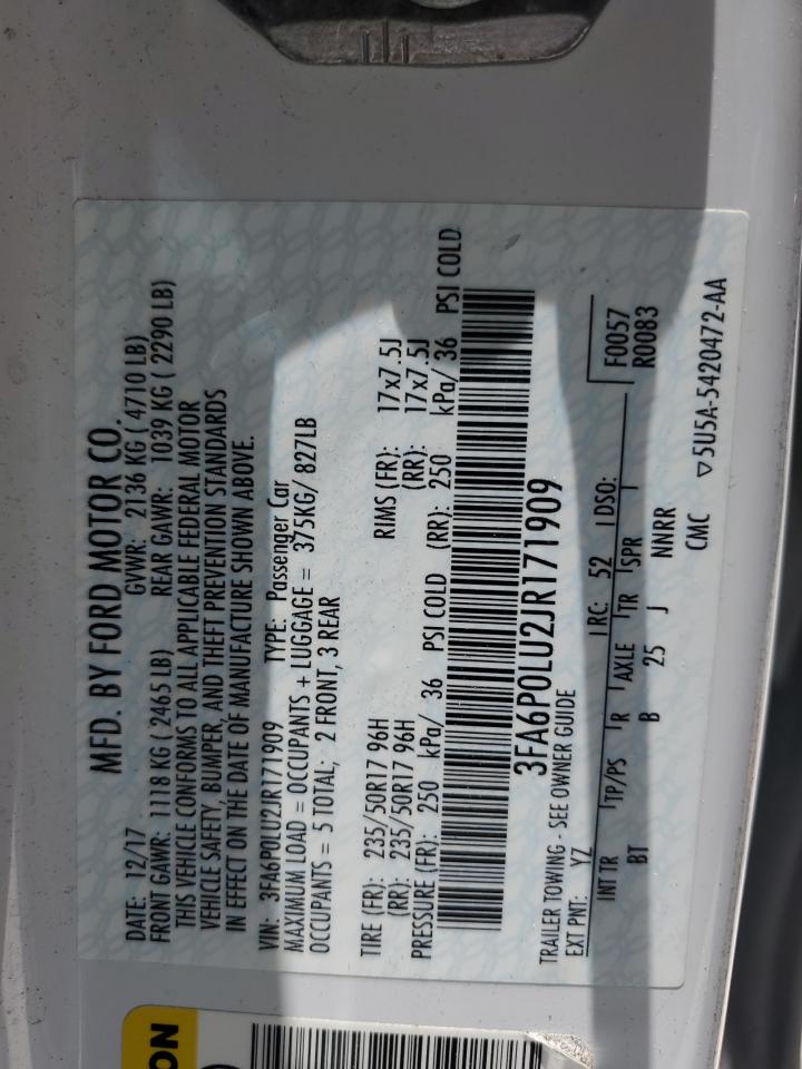 2018 Ford Fusion Se Hybrid VIN: 3FA6P0LU2JR171909 Lot: 54033745