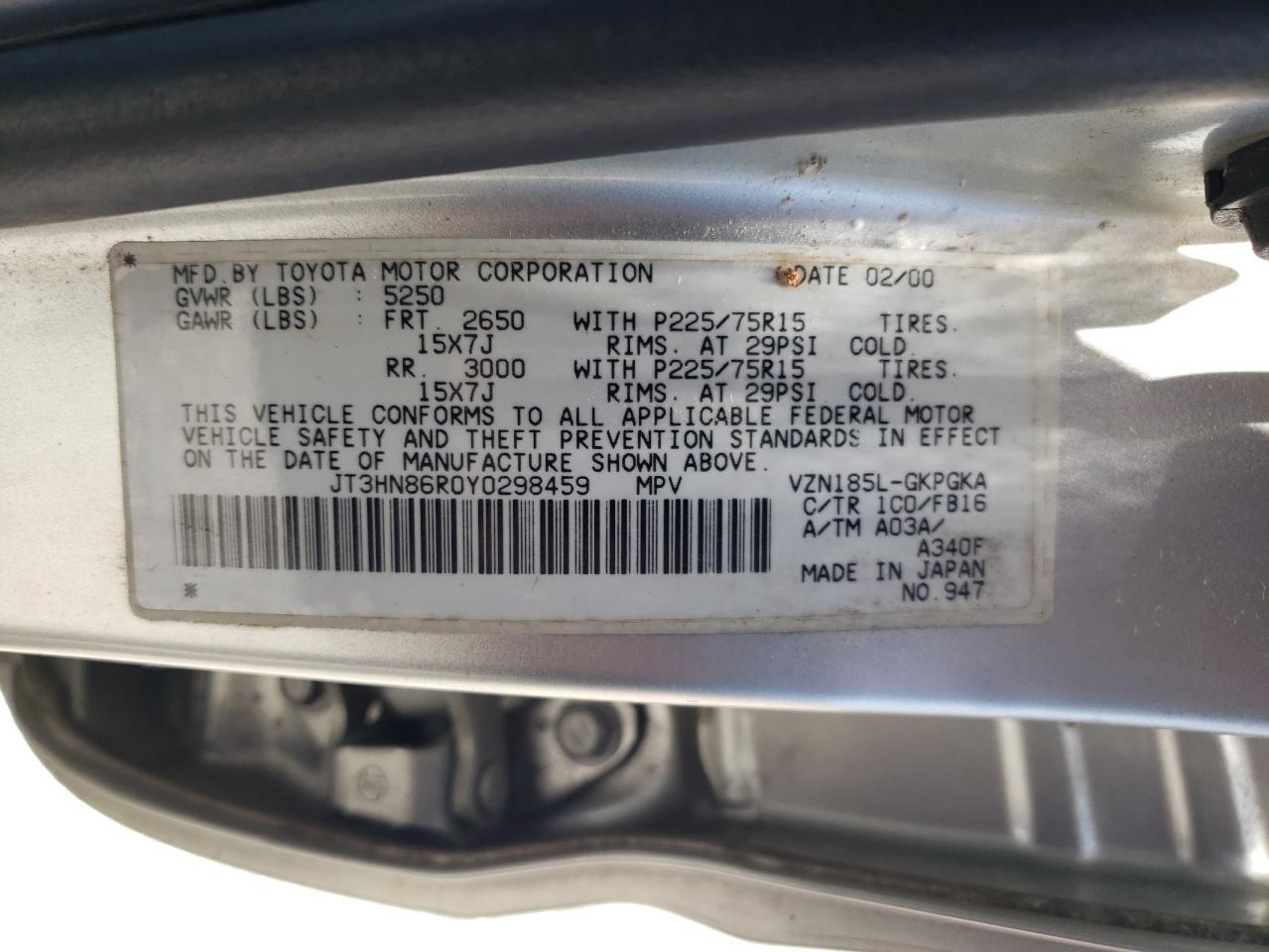 2000 Toyota 4Runner Sr5 VIN: JT3HN86R0Y0298459 Lot: 58188415
