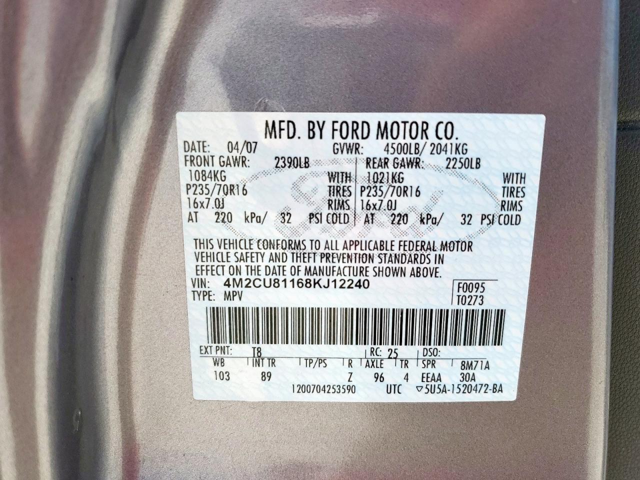 2008 Mercury Mariner VIN: 4M2CU81168KJ12240 Lot: 57381845