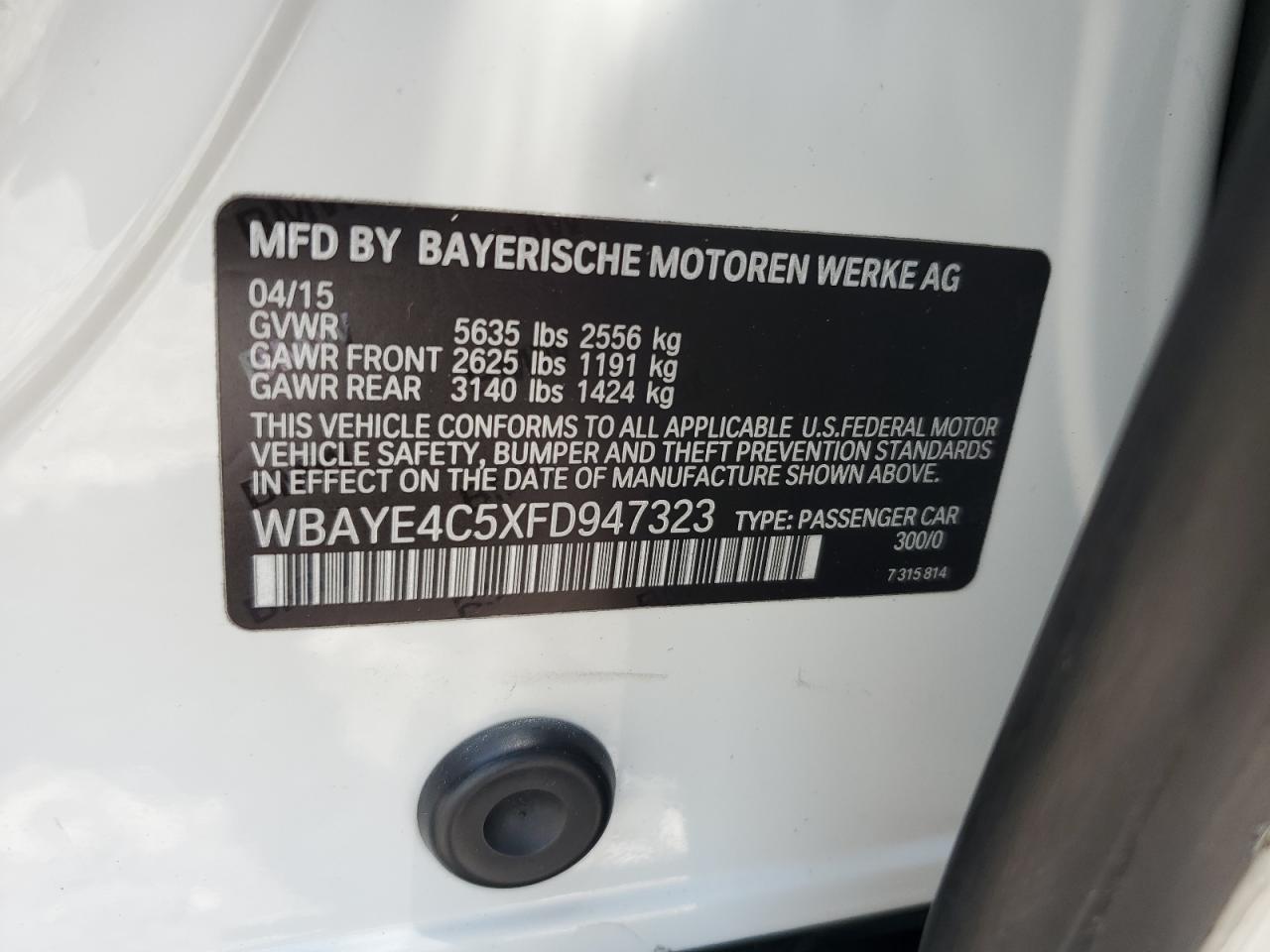 2015 BMW 740 Li VIN: WBAYE4C5XFD947323 Lot: 56962915