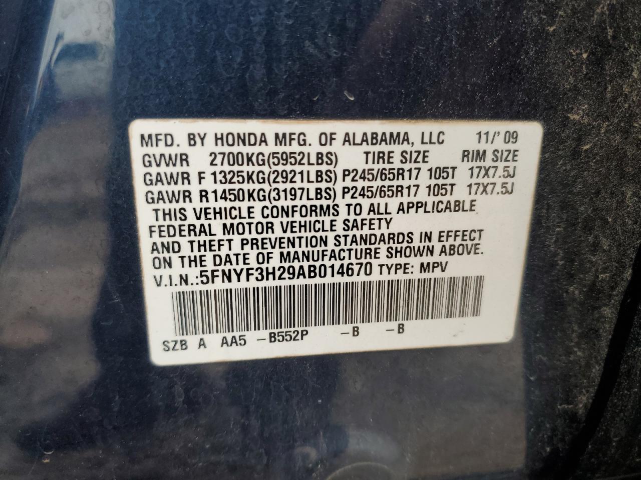 2010 Honda Pilot Lx VIN: 5FNYF3H29AB014670 Lot: 56942375