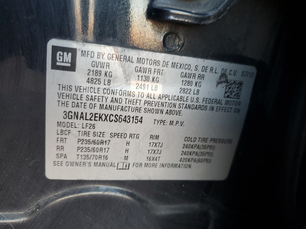 2012 Chevrolet Captiva Sport VIN: 3GNAL2EKXCS643154 Lot: 55620585