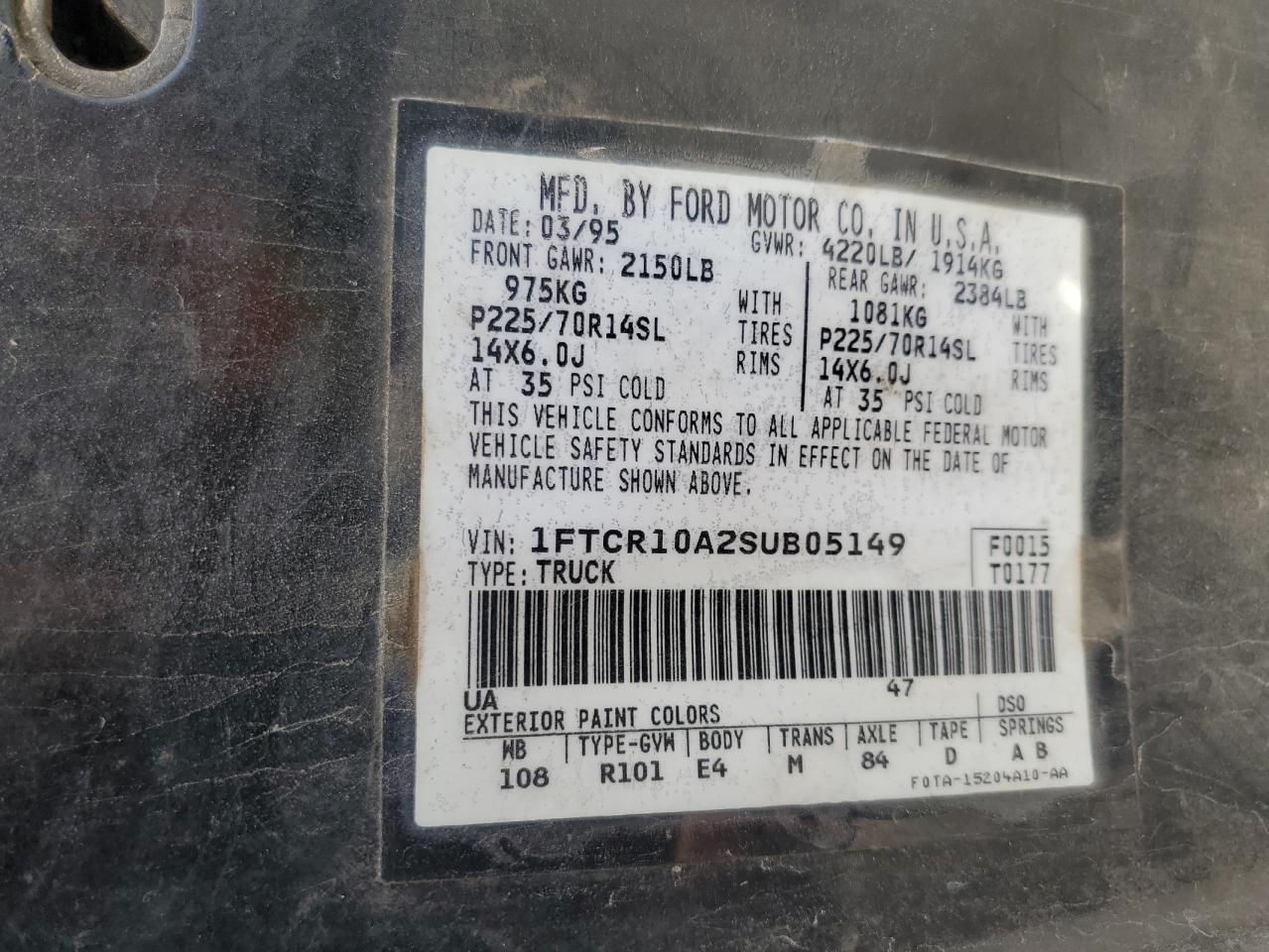 1995 Ford Ranger VIN: 1FTCR10A2SUB05149 Lot: 56456335