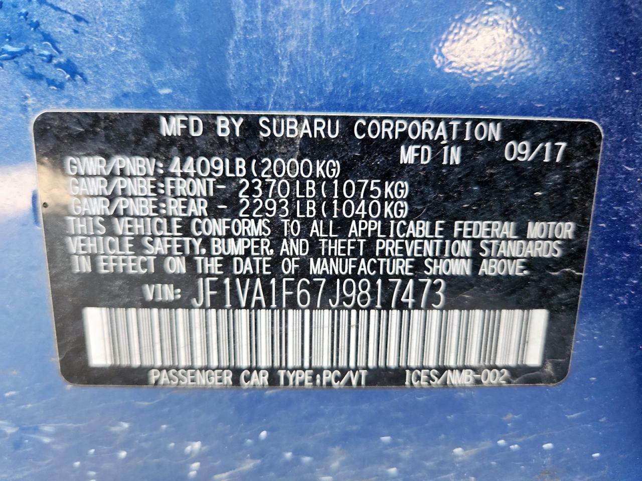 2018 Subaru Wrx Limited VIN: JF1VA1F67J9817473 Lot: 58632335