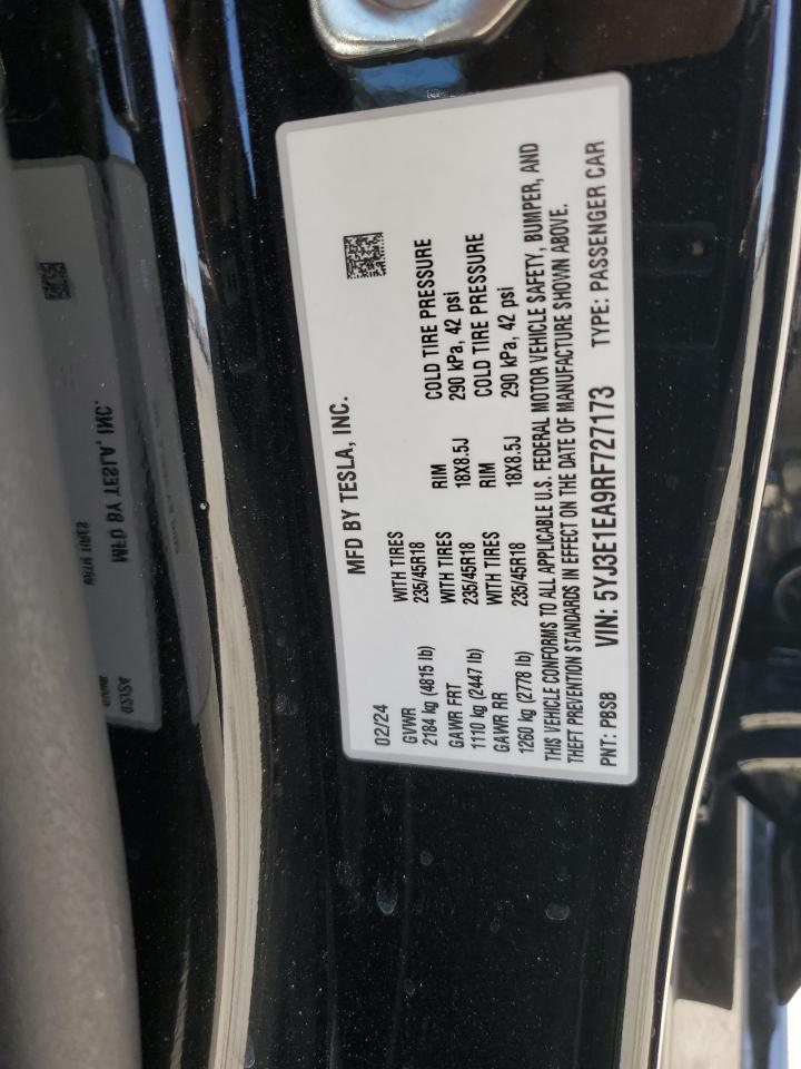 2024 Tesla Model 3 VIN: 5YJ3E1EA9RF727173 Lot: 58164915