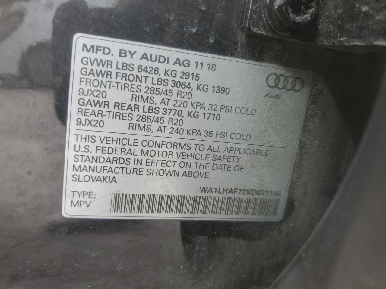 2019 Audi Q7 Premium Plus VIN: WA1LHAF72KD021146 Lot: 58705995