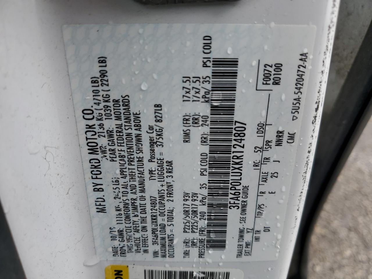 2019 Ford Fusion Se VIN: 3FA6P0LUXKR124807 Lot: 54037065