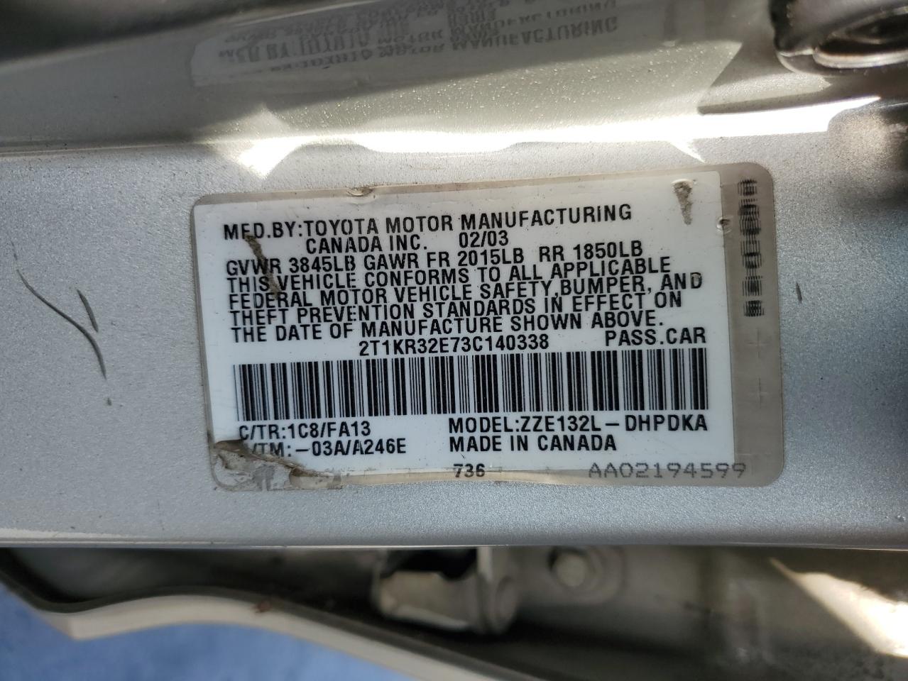 2003 Toyota Corolla Matrix Xr VIN: 2T1KR32E73C140338 Lot: 57347175