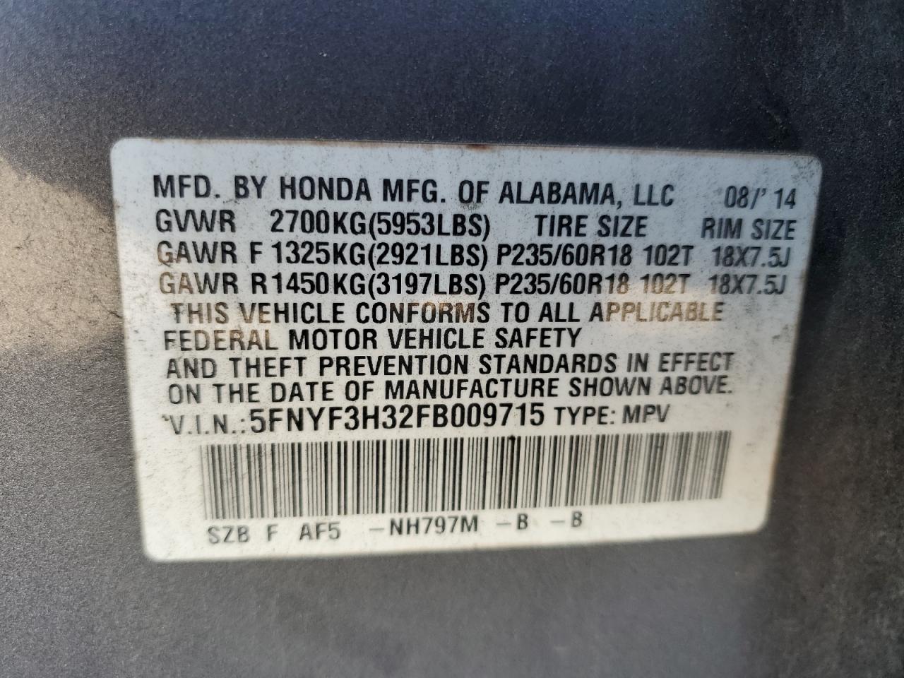HONDA PILOT 2015 VIN 5FNYF3H32FB009715 zdjęcie 13