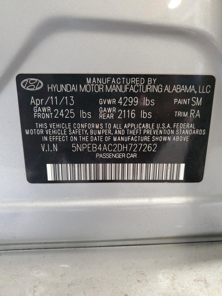 2013 Hyundai Sonata Gls VIN: 5NPEB4AC2DH727262 Lot: 57172585
