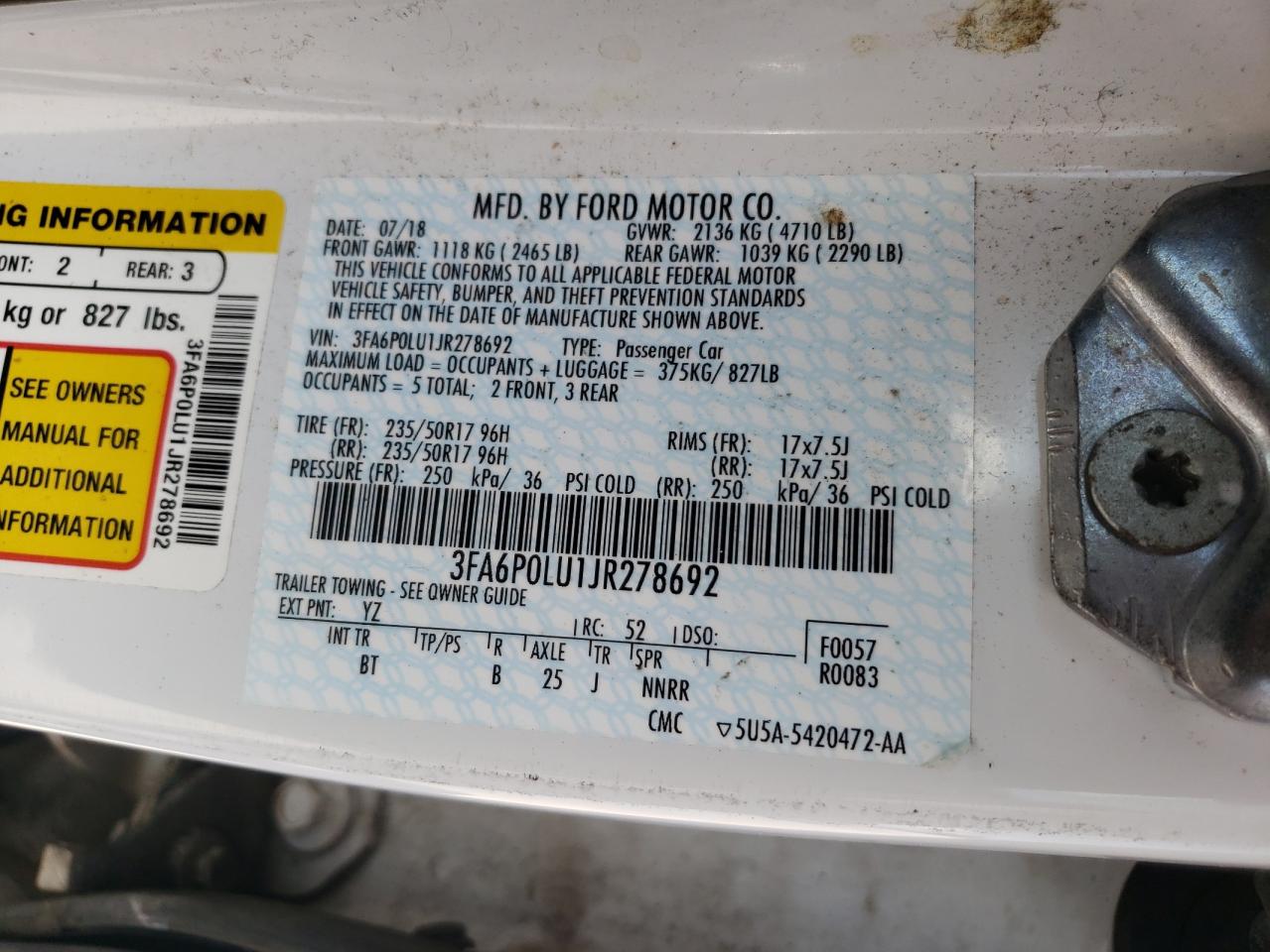 2018 Ford Fusion Se Hybrid VIN: 3FA6P0LU1JR278692 Lot: 55084045